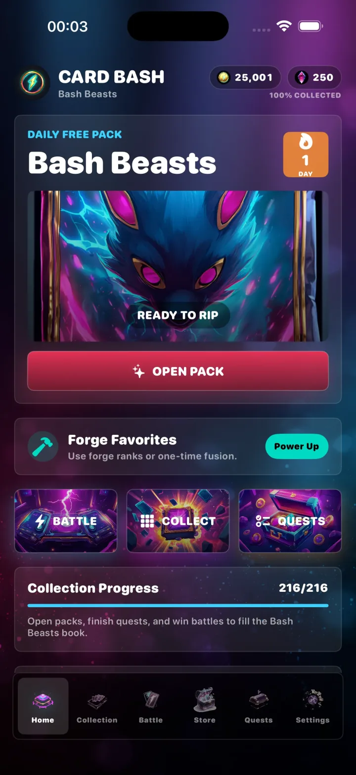 Card Bash — neon creature-collecting card RPG