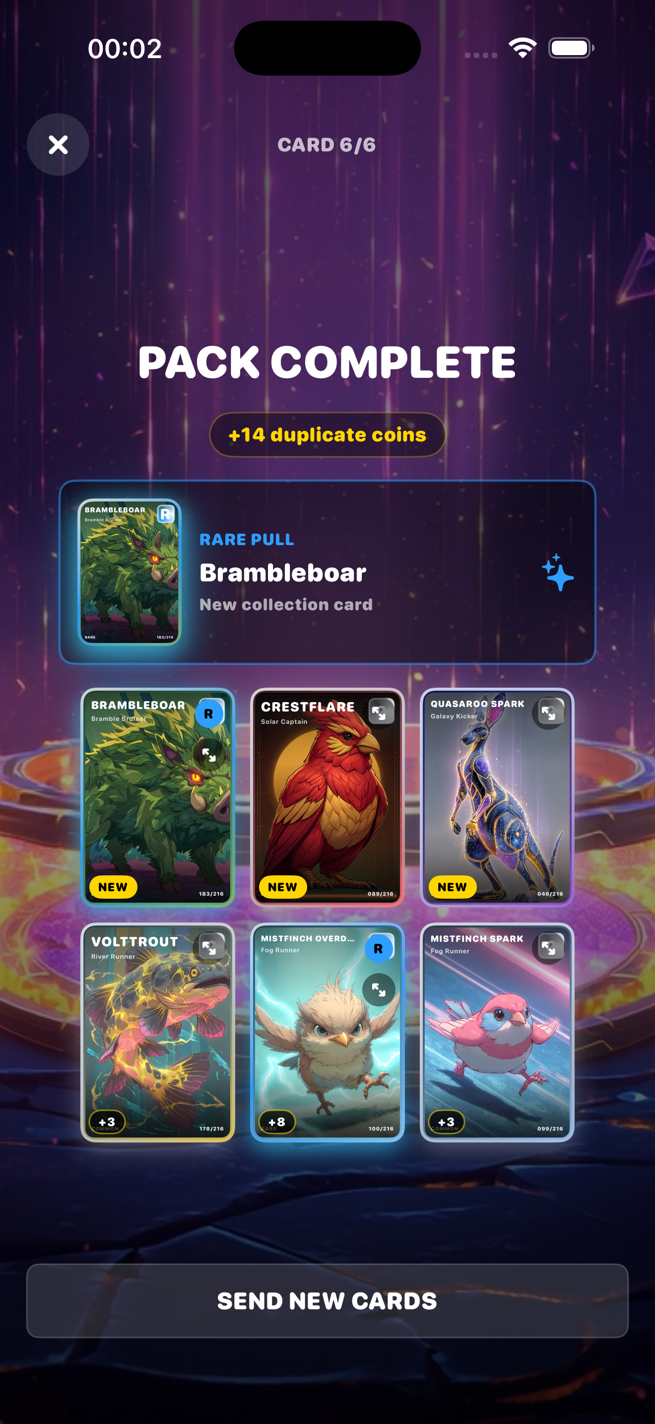 Resumen de apertura de sobre con cartas recién reveladas