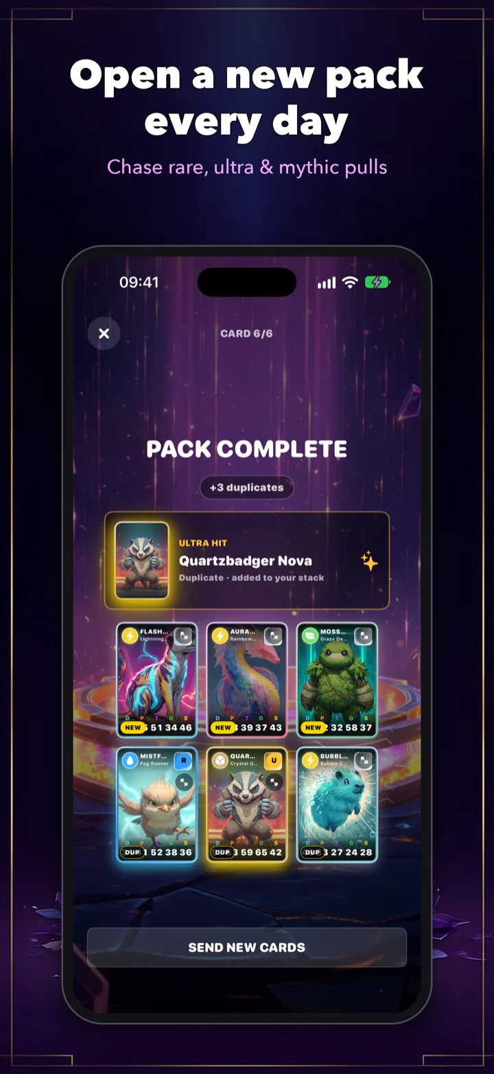 Card Bash pack complete screen showing newly revealed creature cards