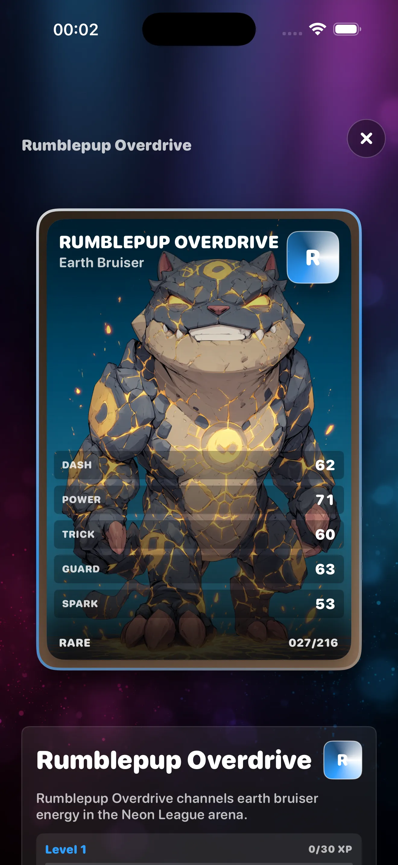 Detailed card inspection with stats and backstory