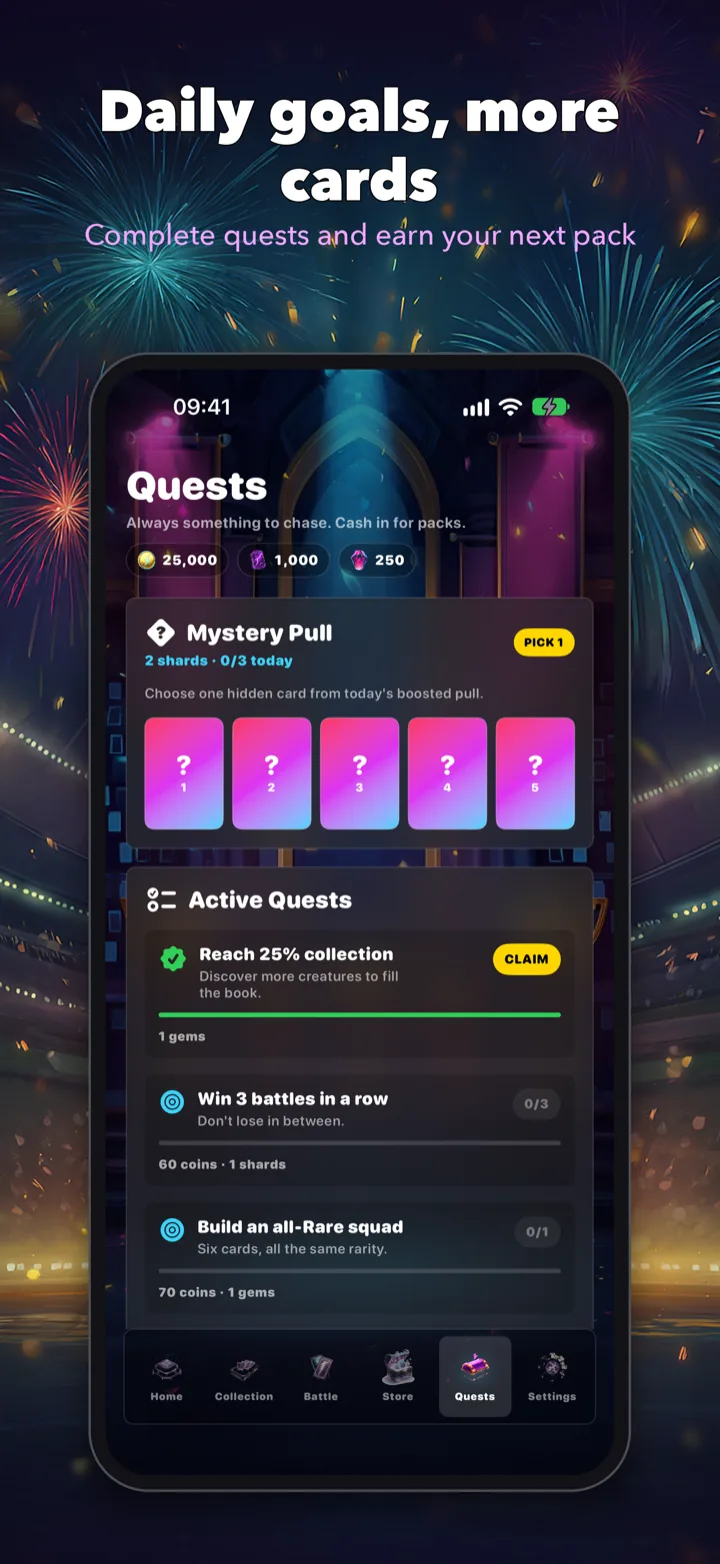 Card Bash Quests screen with a Mystery Pull and active quests