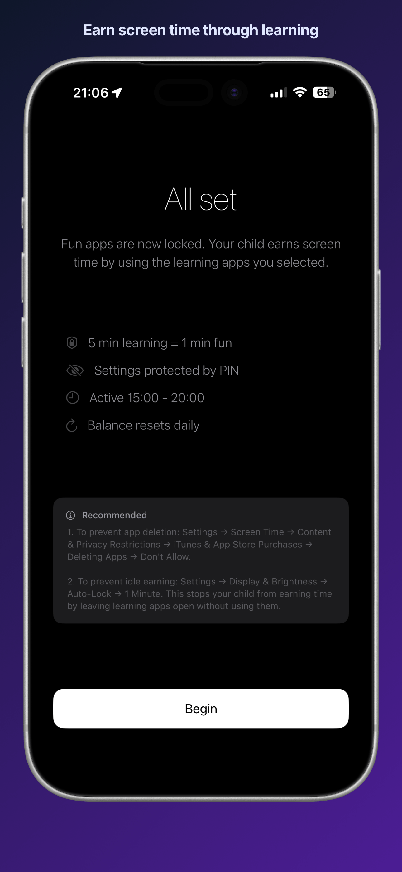 Minua app showing the earn screen time interface
