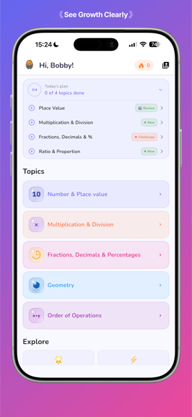 Arithmetix app showing maths topics and daily practice plan