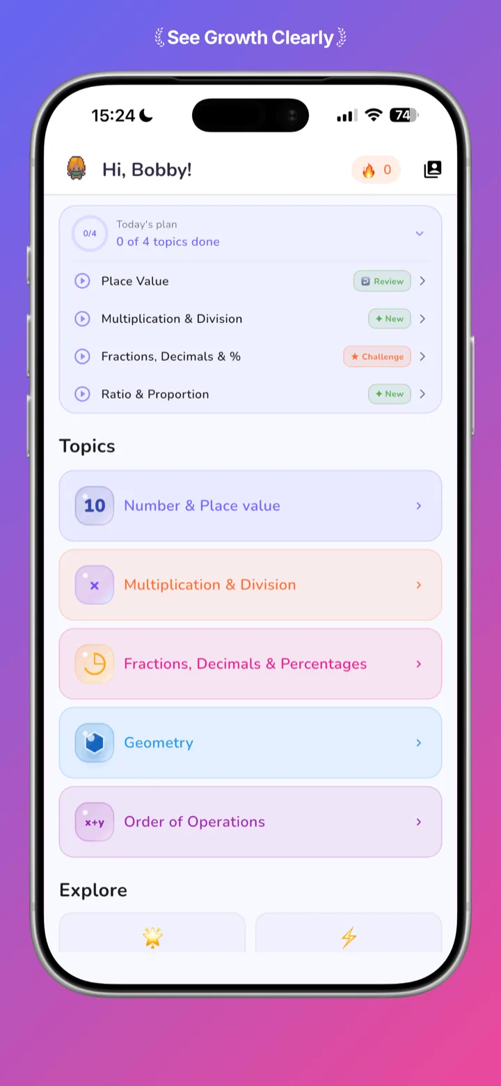 Arithmetix home screen showing curriculum-aligned maths topics for a young learner