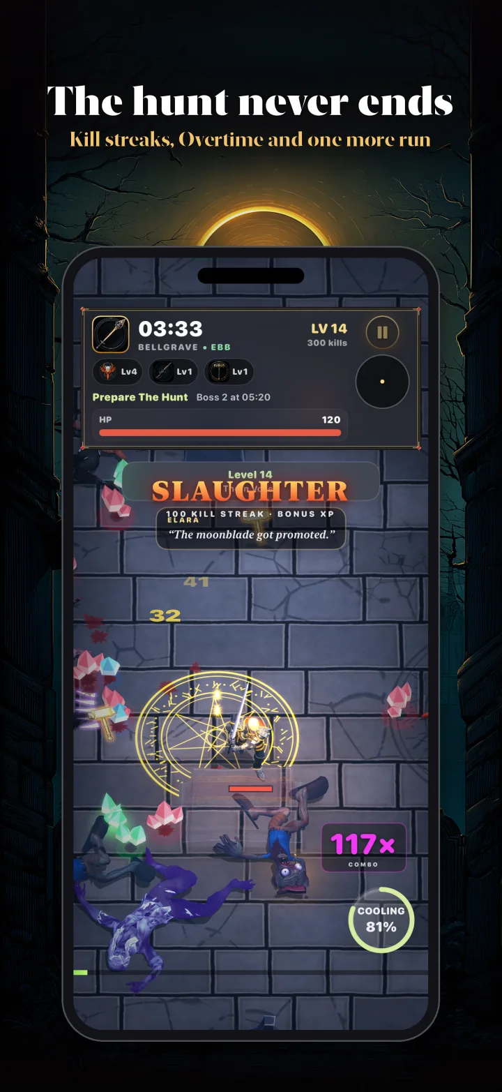ハンターの足元に黄金の紋章が浮かぶ、Bellgraveの「SLAUGHTER」キルストリーク表示