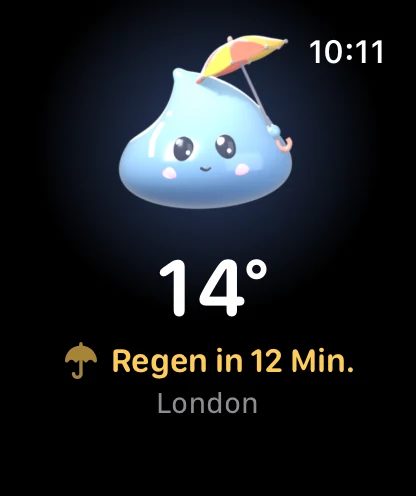 Cloudmesh auf der Apple Watch: Drip mit Regenschirm, 14° und Regen in 12 Minuten