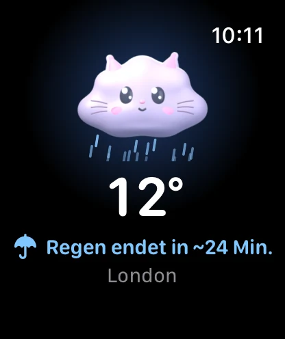 Cloudmesh auf der Apple Watch: Cloud Kitty im Regen, 12° und der Regen hört in etwa 24 Minuten auf