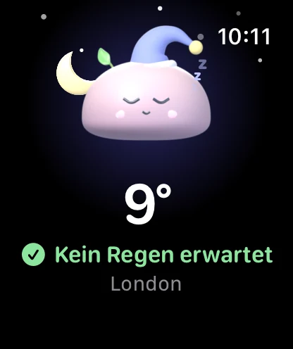 Cloudmesh auf der Apple Watch: Mochi mit Schlafmütze unter dem Mond, 9° und kein Regen erwartet