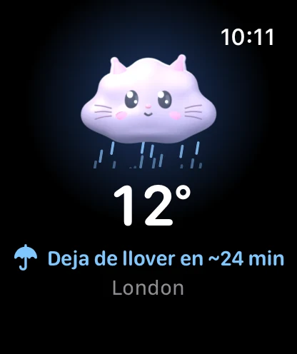 Cloudmesh en el Apple Watch: Cloud Kitty bajo la lluvia, 12° y la lluvia para en unos 24 minutos