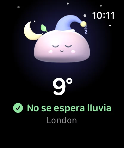 Cloudmesh en el Apple Watch: Mochi con gorro de dormir bajo la luna, 9° y sin lluvia prevista
