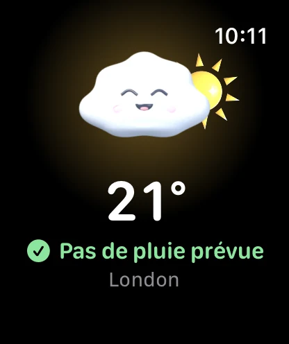 Cloudmesh sur Apple Watch : Cloud Buddy au soleil, 21° et aucune pluie prévue