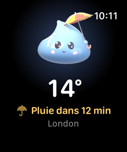 Cloudmesh sur Apple Watch : Drip avec son parapluie, 14° et pluie dans 12 minutes