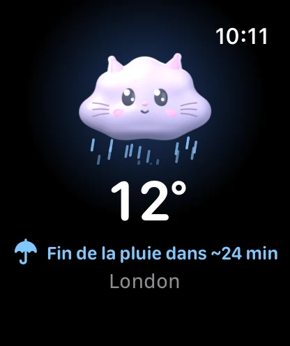 Cloudmesh sur Apple Watch : Cloud Kitty sous la pluie, 12° et la pluie cesse dans environ 24 minutes