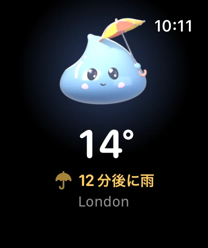 Apple WatchのCloudmesh：傘を持ったDrip、14°、12分後に雨