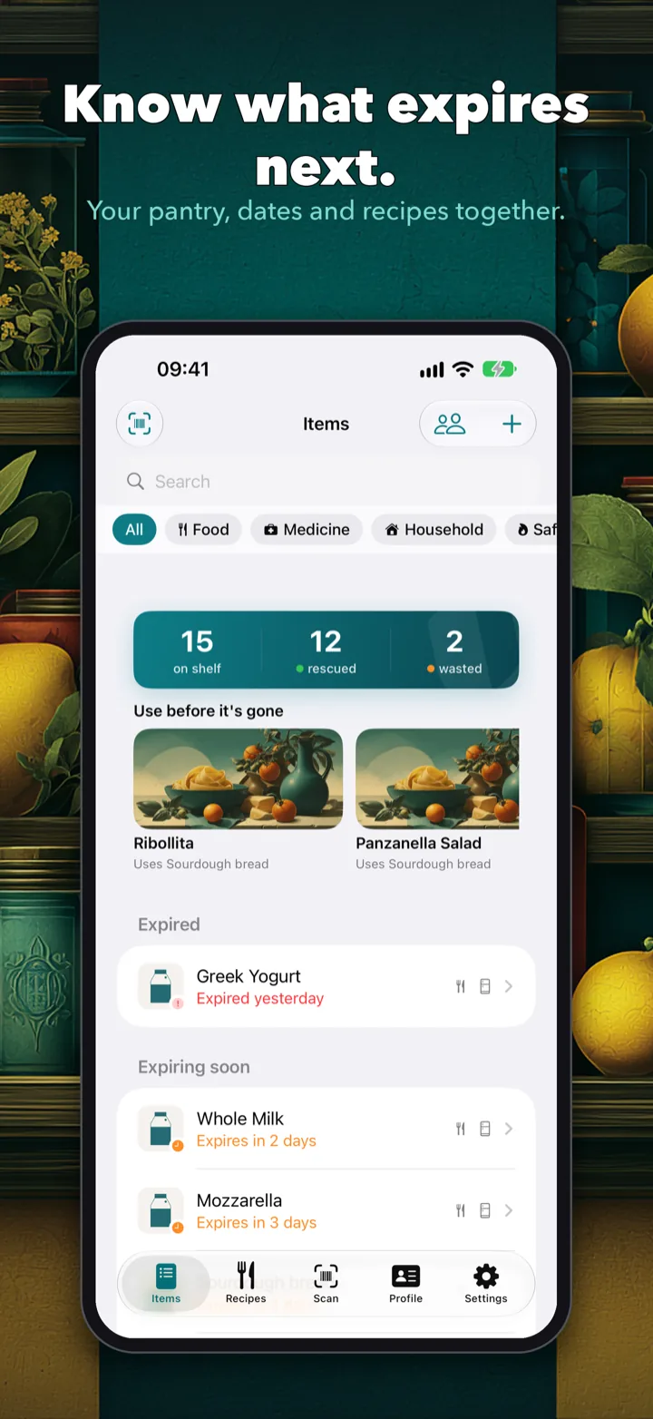 Custoda home screen with on-shelf, rescued and wasted counts, recipe ideas that use food before it goes off, and expired and expiring-soon items