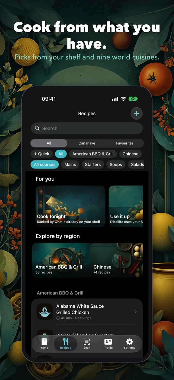 Recipes tab in dark mode with “For you” picks ranked by what's already on your shelf and “Explore by region”