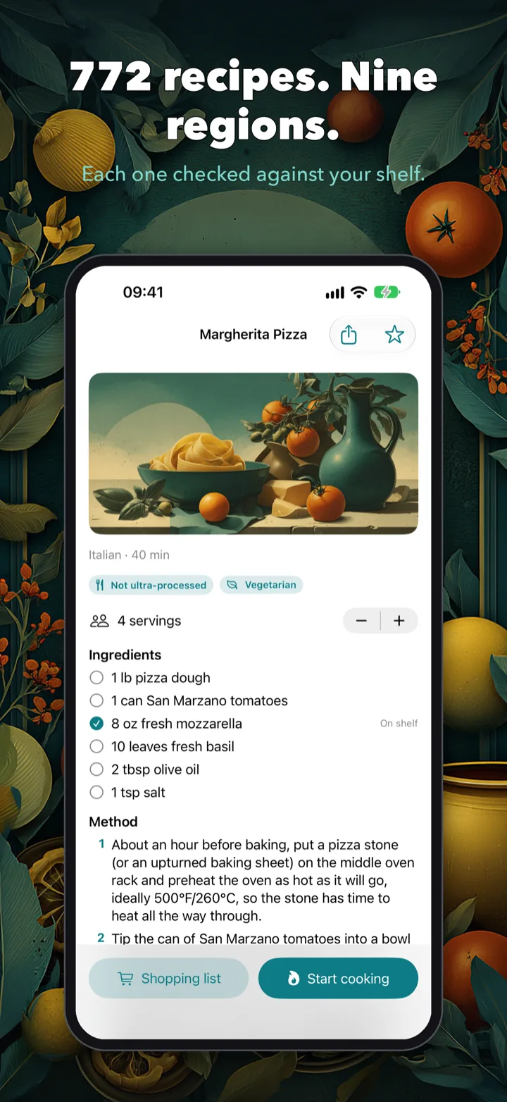 Margherita pizza recipe with an illustrated banner, vegetarian and not-ultra-processed tags, and the mozzarella already on your shelf ticked