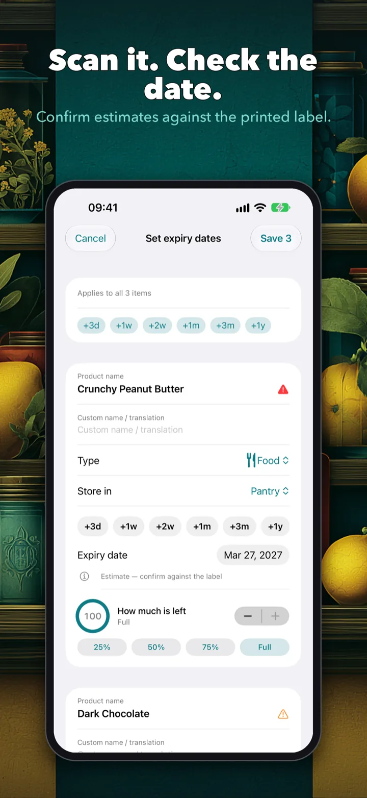Setting expiry dates for three scanned products at once with quick-pick chips, an allergen warning on peanut butter and a caution on dark chocolate