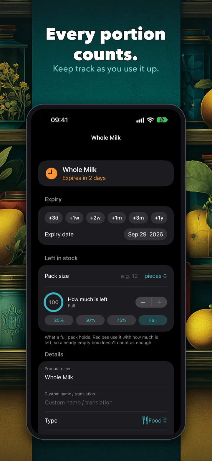Whole milk in dark mode with expiry quick-picks, pack size and how much is left
