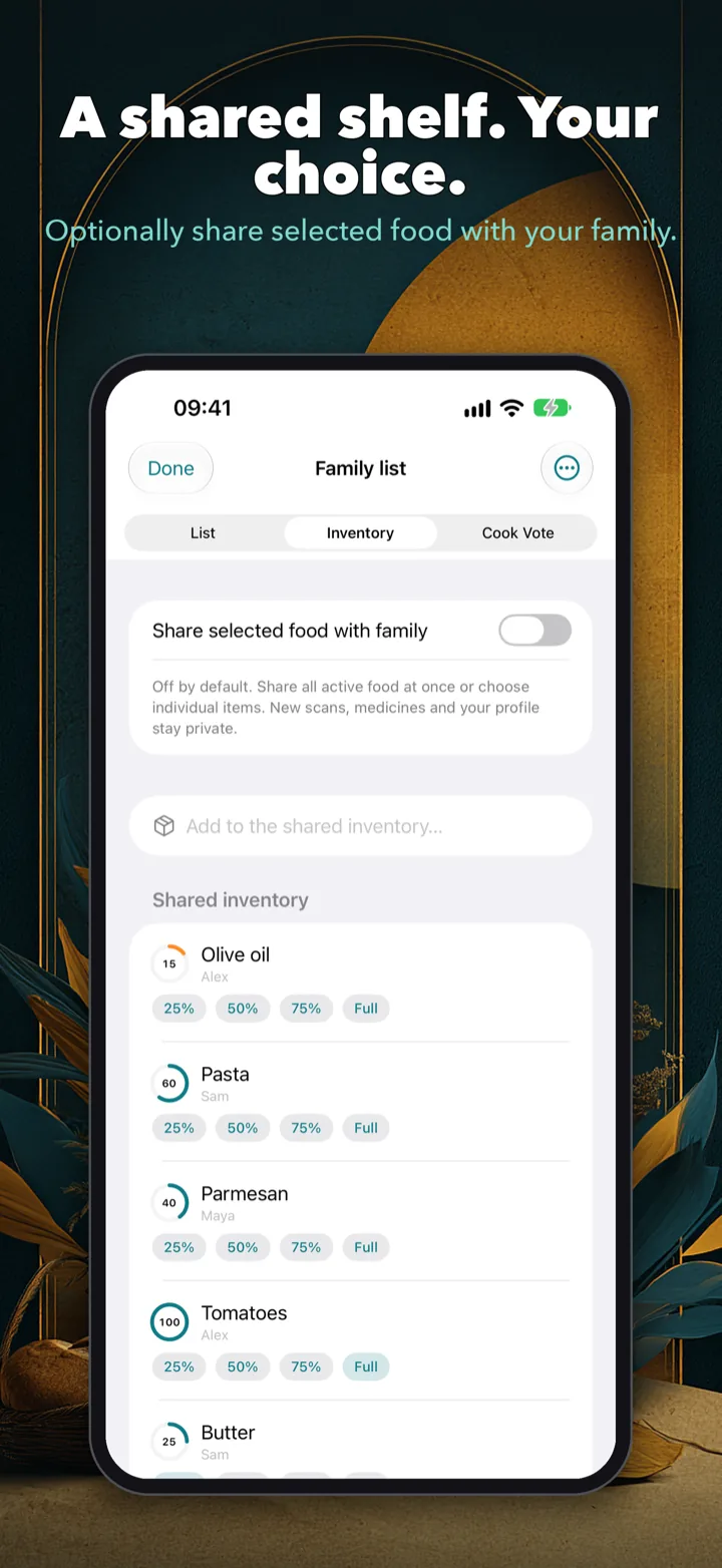 Family list shared inventory: “Share selected food with family” is off by default, and each shared item shows who added it and how much is left