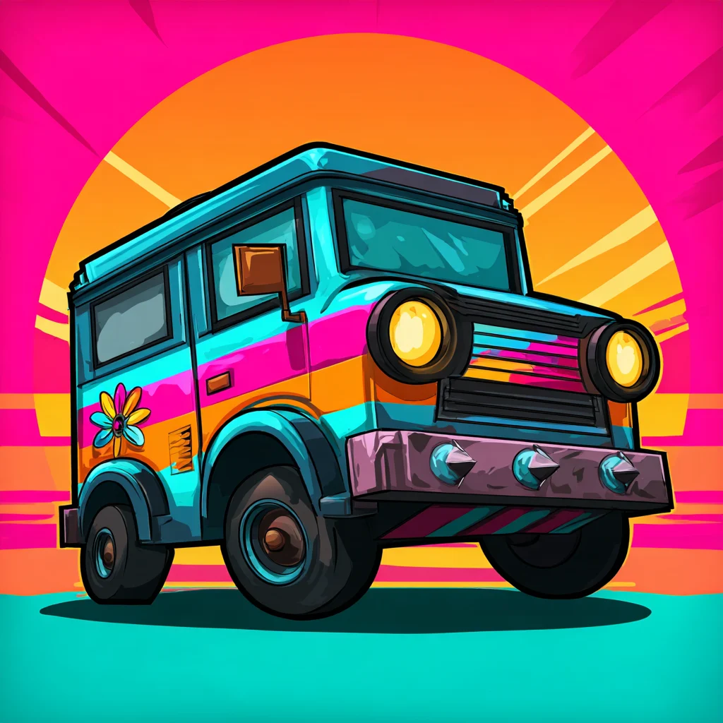 Fare Wars — a hand-painted minibus racing through the evening light