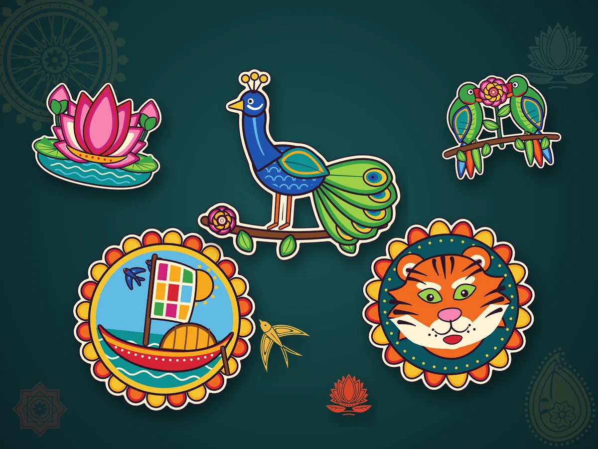 Folk-art decals from the Fare Wars paint shop: peacock, lotus, tiger, river boat and parrots