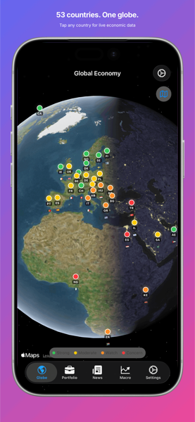 Kanesh app showing interactive 3D globe with global economic data