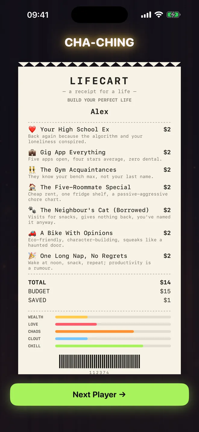 A life printed as a torn-edge receipt