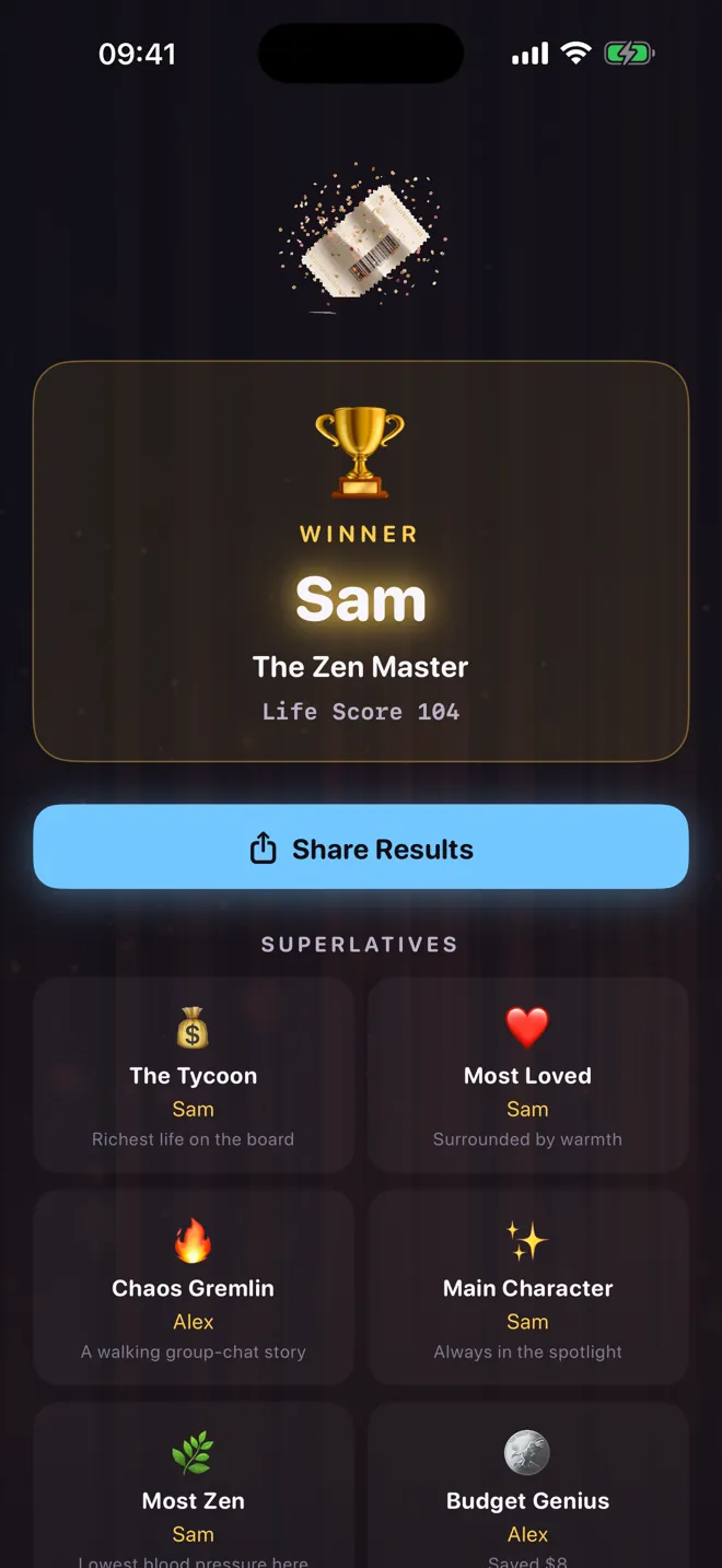 Results screen with winner and superlatives