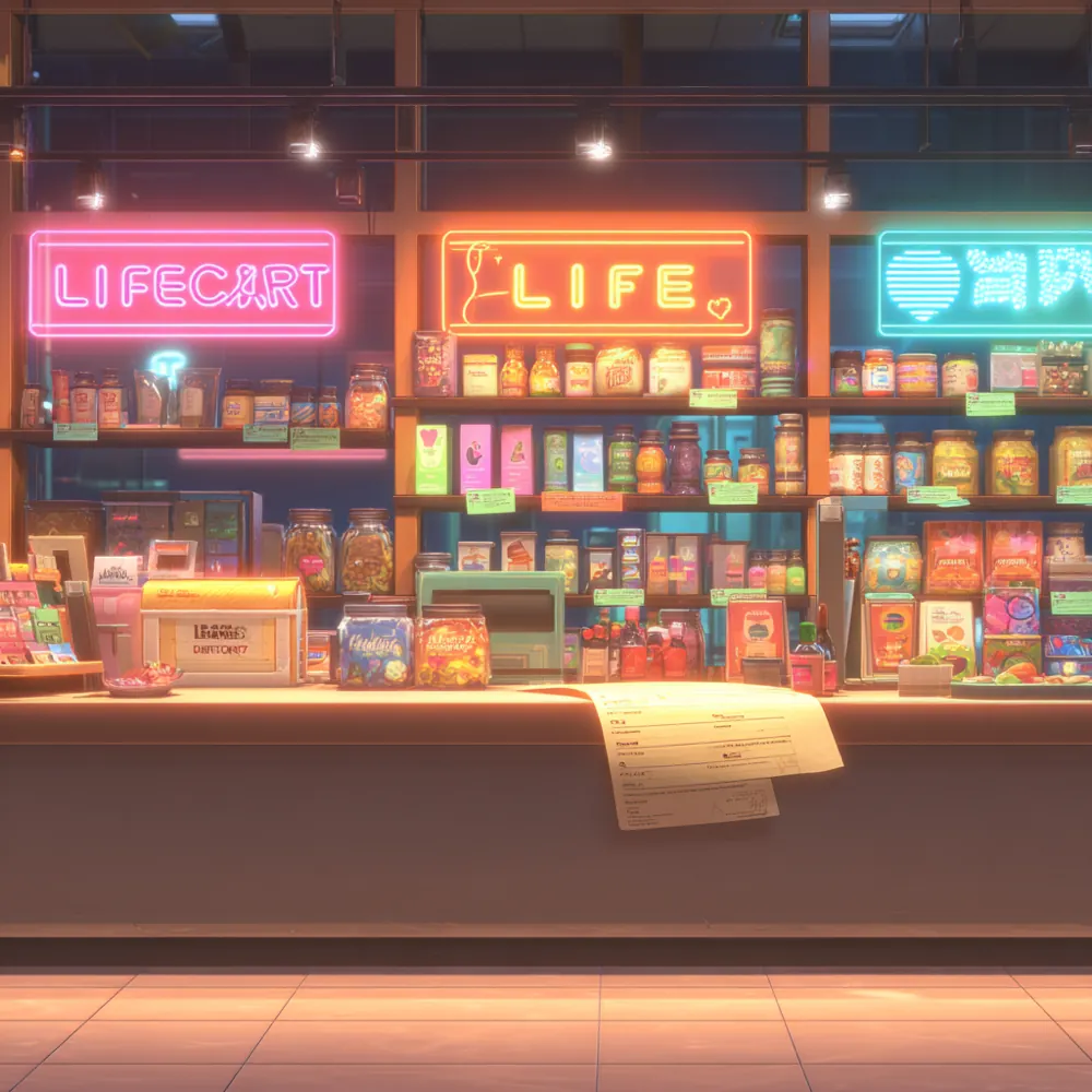 Neon late-night convenience store — Lifecart key art