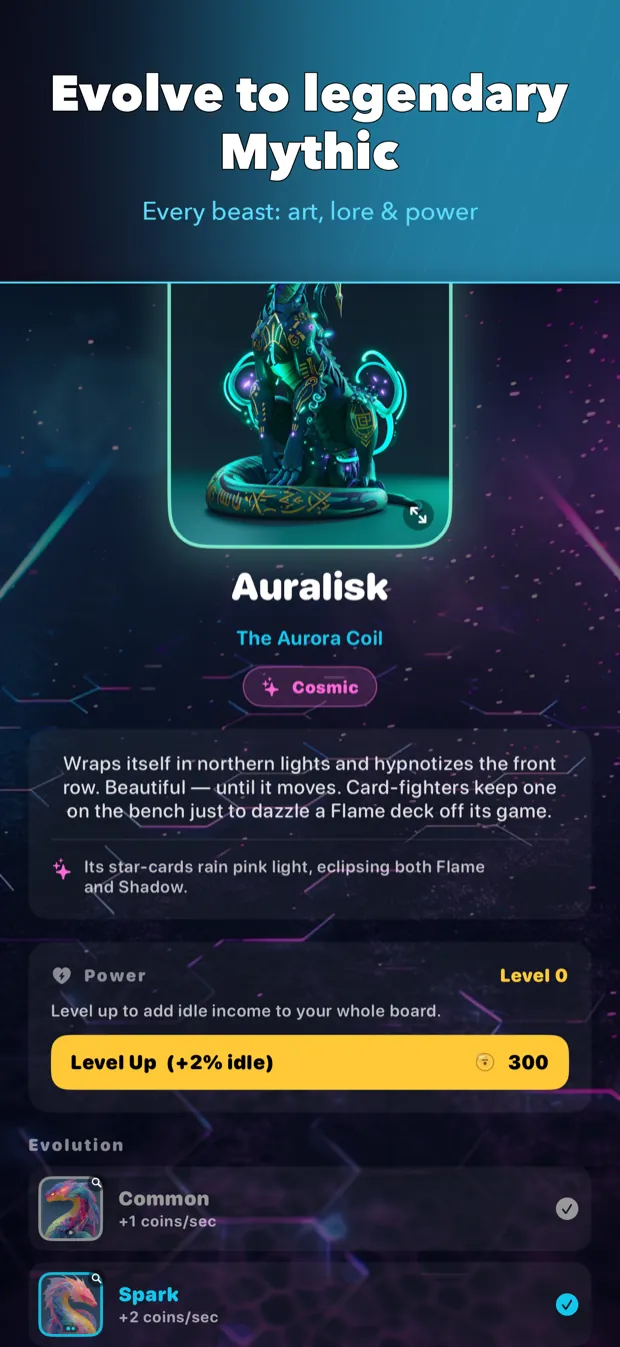 Auralisk Mythic card detail with evolution ladder and lore