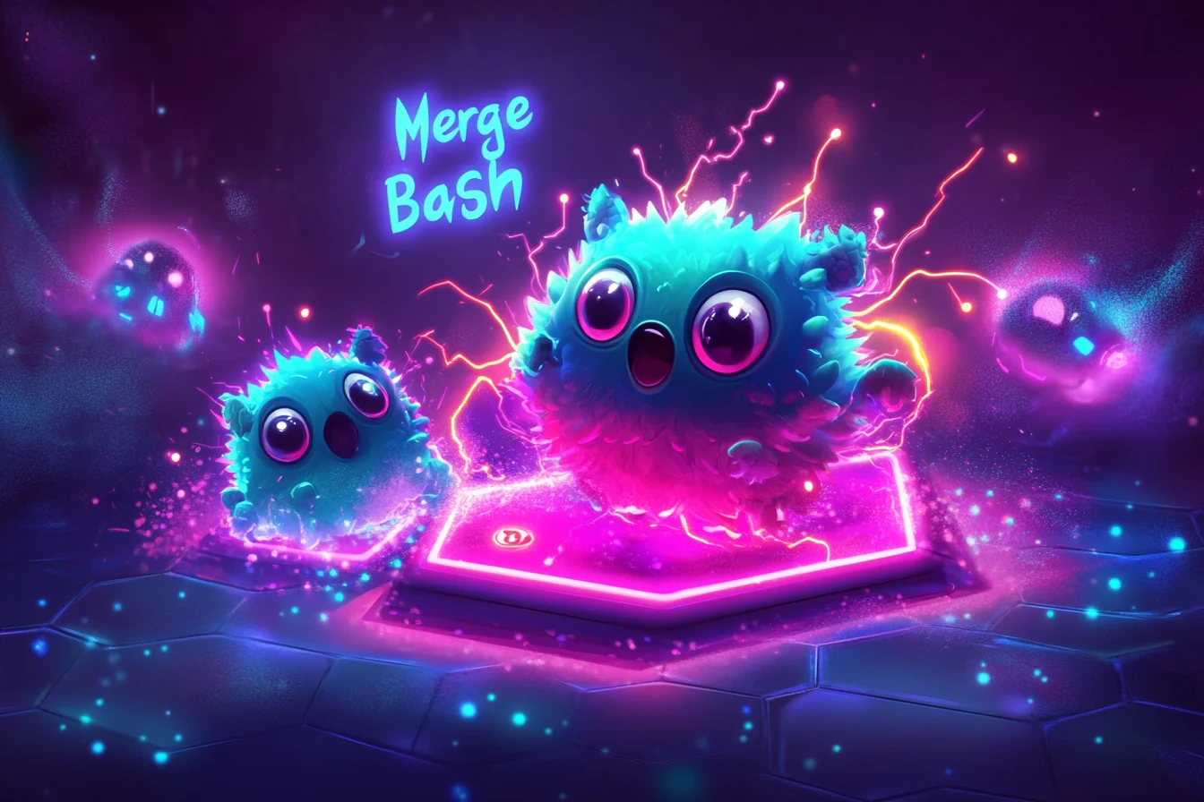 Merge Monsters key art — neon Bash Beasts merging on a hex grid