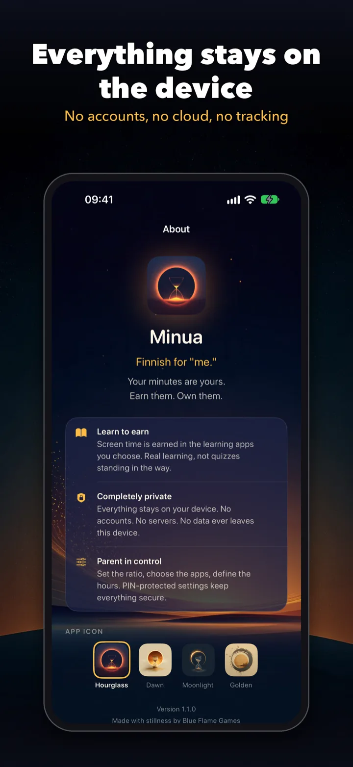 Pantalla Acerca de de Minua: todo se queda en el dispositivo, sin cuentas, sin nube, sin rastreo