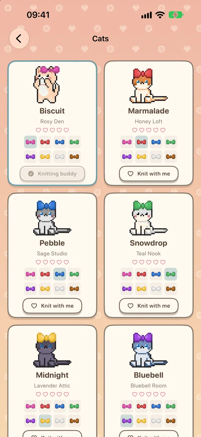 Der Katzenbildschirm mit Biscuit, Marmalade, Pebble und Snowdrop, jeweils mit Herzen und Schleifen