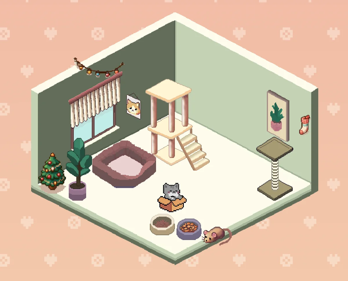 Mittenly — ein gemütliches Pixel-Art-Zimmer mit Kratzbaum, Katzenbett, kleinem Weihnachtsbaum und einem grauen Kätzchen im Karton
