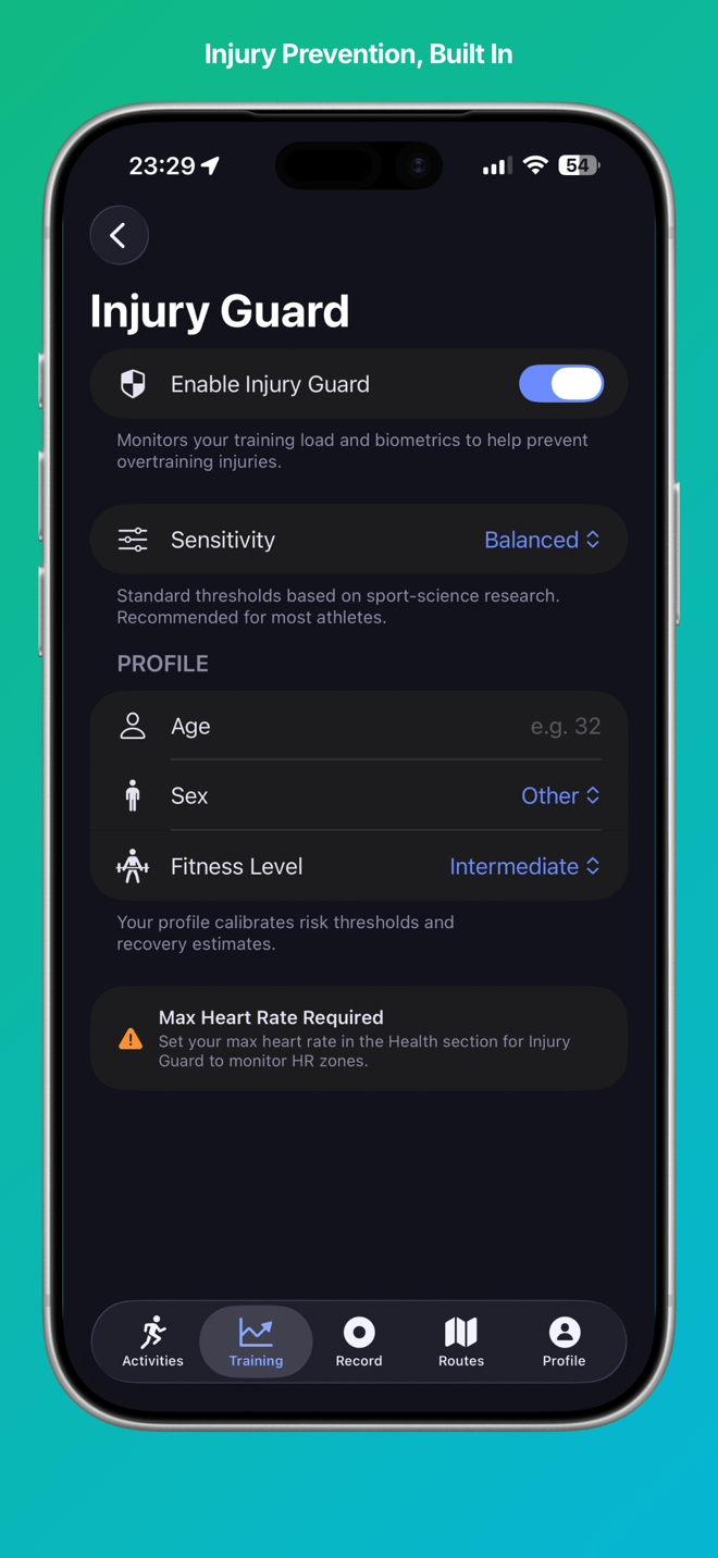 PaceGrid app screenshot showing GPS run tracking and training load dashboard