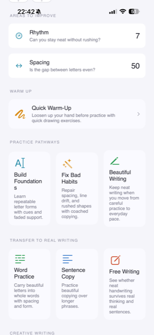 Pen Licence app screenshot showing practice pathways, warm-up, and transfer-to-real-writing sections