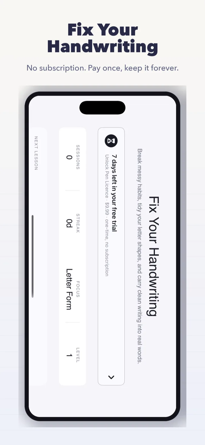 Pen Licence handwriting practice screen with a ghost letter guide and stroke feedback