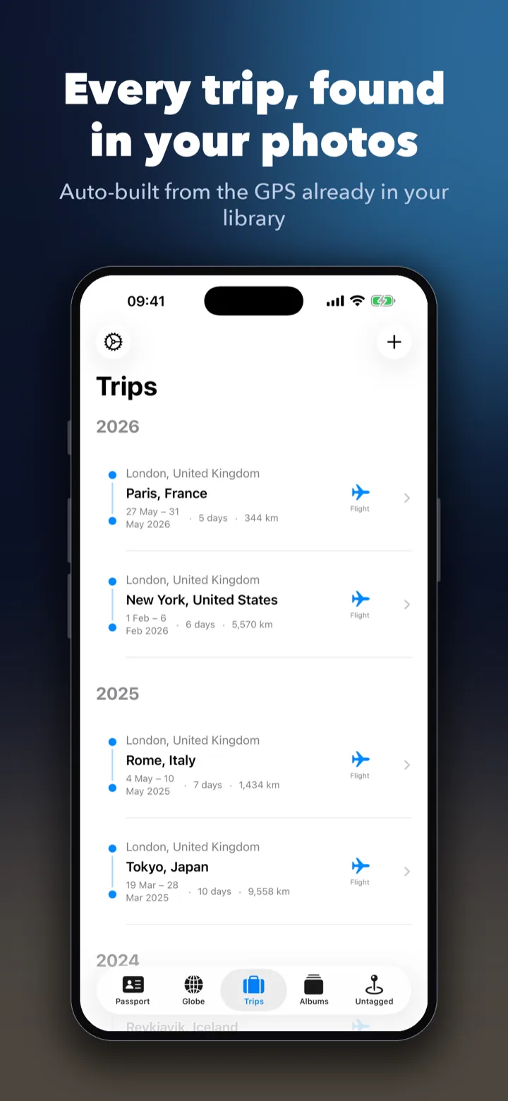 PhotoFlight trip albums grouped automatically by destination and date