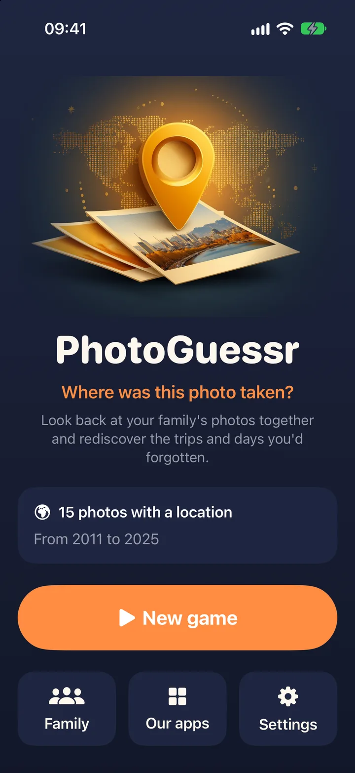Der Startbildschirm von PhotoGuessr: gemeinsam auf eure Familienfotos zurückblicken