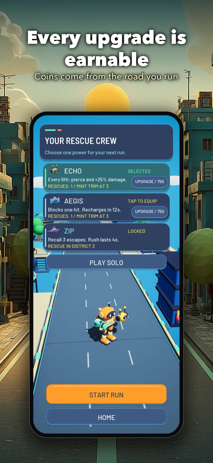 Der Crew-Bildschirm mit den Partnern Echo, Aegis und Zip