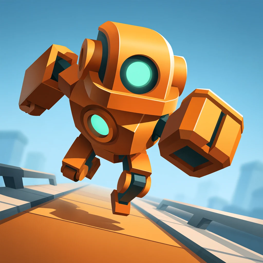 Robot Rooftop Run — ein orangefarbener Kurier-Roboter sprintet über einen sonnendurchfluteten Skyway