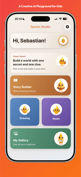 Sparks Studios app showing story builder, drawing, and music tools for kids